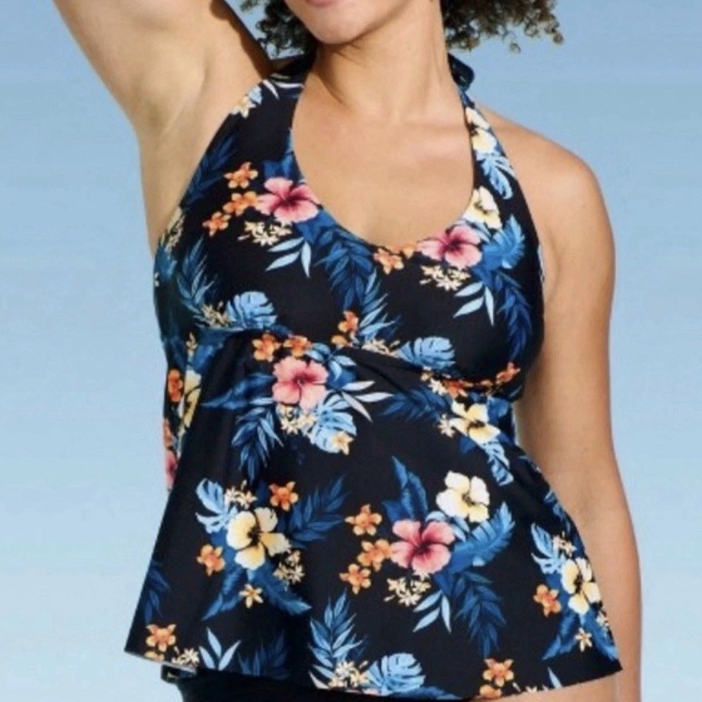 Lands’End Flutter Halter Floral  Swim Top size M 10-12